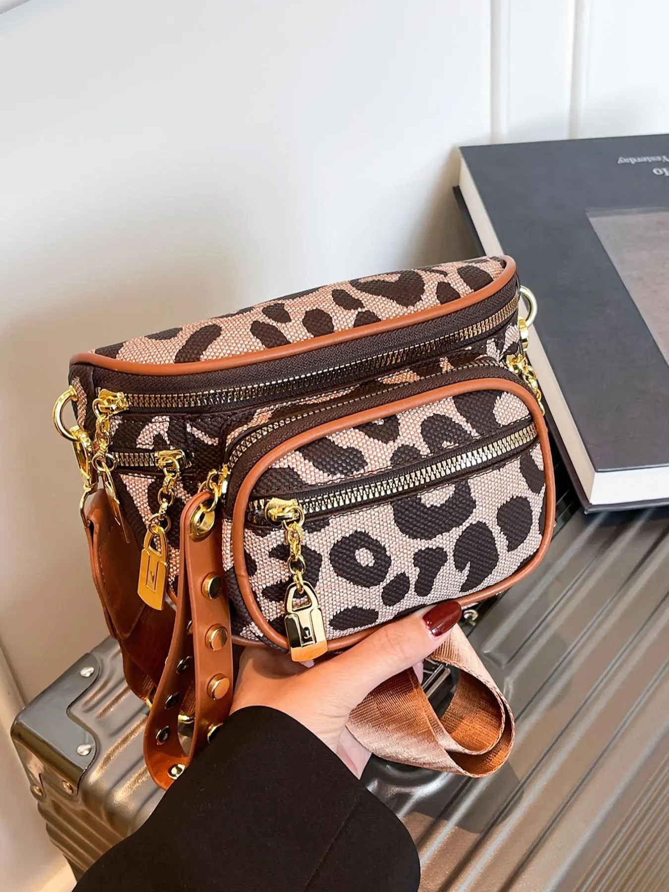 Mini Leopard Print Waist Bag, Punk Style Crossbody Shoulder Bag, Multi-Layer Storage, All-Season Fashion, Daily Use, Back-To-School Season