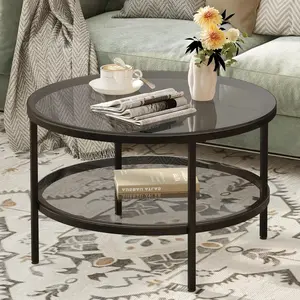 Yusong Round Glass Coffee Tables for Living Room 2-Tier Circle Coffee Table with Storage 26 Modern Center Accent Table with Light Black Glass Small Side Table End Table for Small Space Bedroom