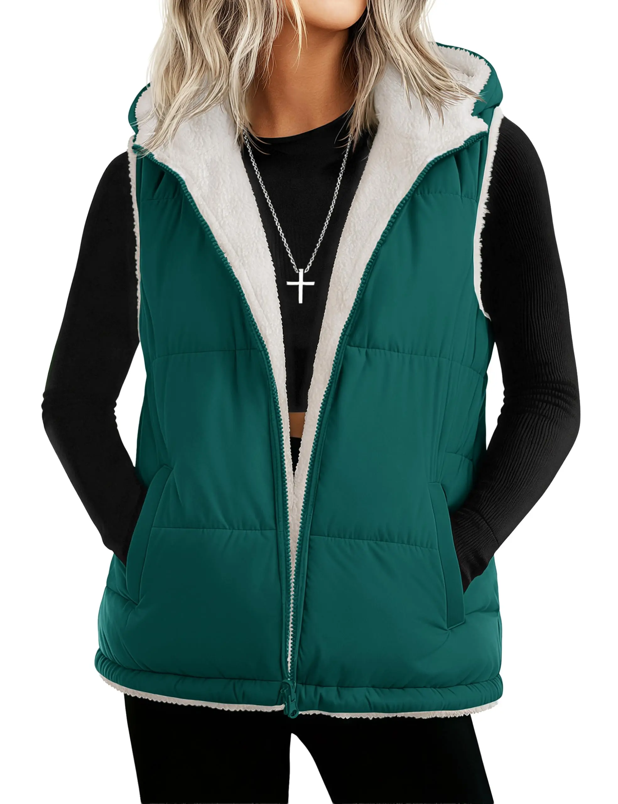 Cotrasen  Womens Puffer Vest Sleeveless Zip Up Fleece Jacket with Pockets | Reversible Hooded Quilted Padded Gilet Coat Jacket Outerwear Casual Trendy Fashion Comfortable SoftWarm Fall Winter