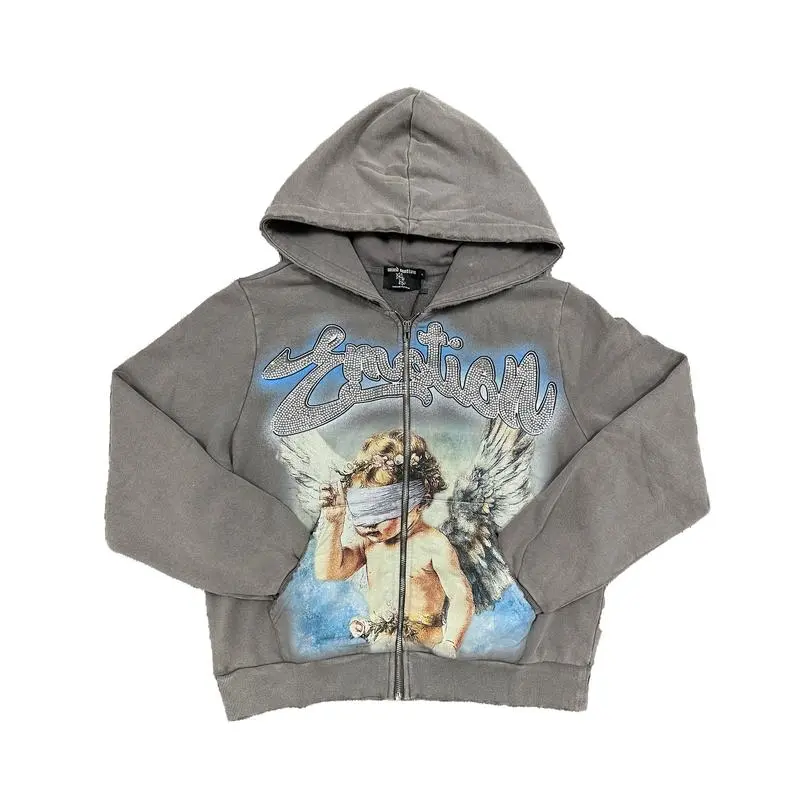 Men's Grey Rhinestone-Embellished Casual Hoodie Menswear Angel
