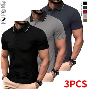 Summer 3-piece set for men: collared polo shirt, solid-color light-weight short-sleeve polo available in multiple colors, workwear/casual sportswear tops; casual short-sleeve shirts, quick-dry solid-color T-shirts, moisture-wicking men’s tops.