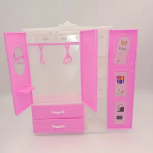 Pink European Style Mini Wardrobe with 2 Drawers and Hangers - Openable Dollhouse Storage Organizer, Durable Plastic, Fun Design, Decorative Storage