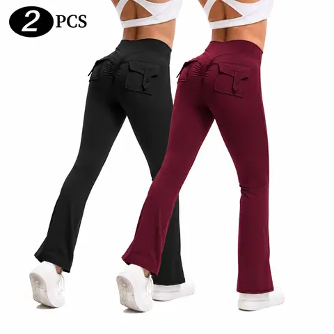 Women's 2-Pack High-Waist Bootcut Flared Yoga Pants - Ruched Back, Button Flap Pocket, Stretchy Soft Activewear for Yoga, Athletic Casual Pants, Gym Fitness Sports Trousers (4 Color Combos Available)