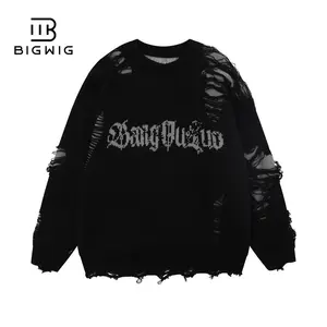 BIGWIG street fashion hole sweater, loose knit sweater, hole oversized pullover, Harajuku hip-hop street style pullover, hole tassel turtleneck sweater, lazy crochet hole sweater, round neck sweater, loose long-sleeved casual pullover sweater