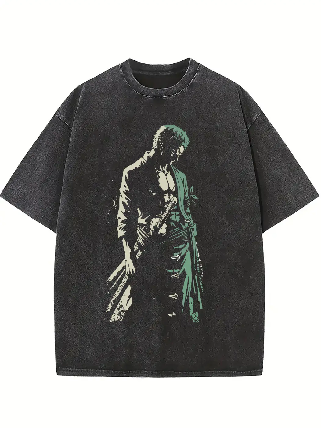 Roronoa Zoro graphic T-shirt, retro washed and distressed loose-fitting anime T-shirt, vintage pirate swordsman street style top, unisex, a perfect gift for anime lovers and One Piece fans.