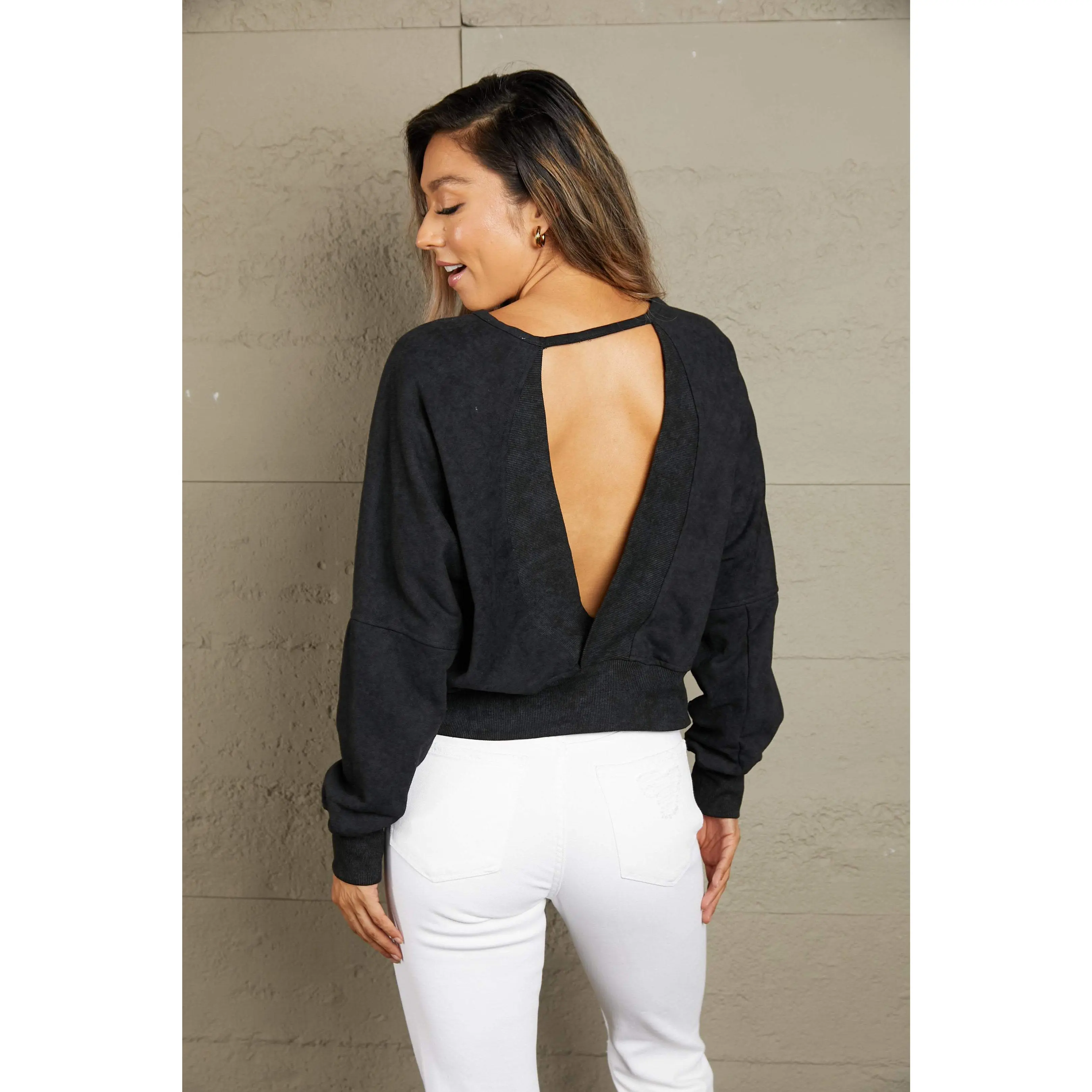 Double Take Round Neck Open Back Sweatshirt