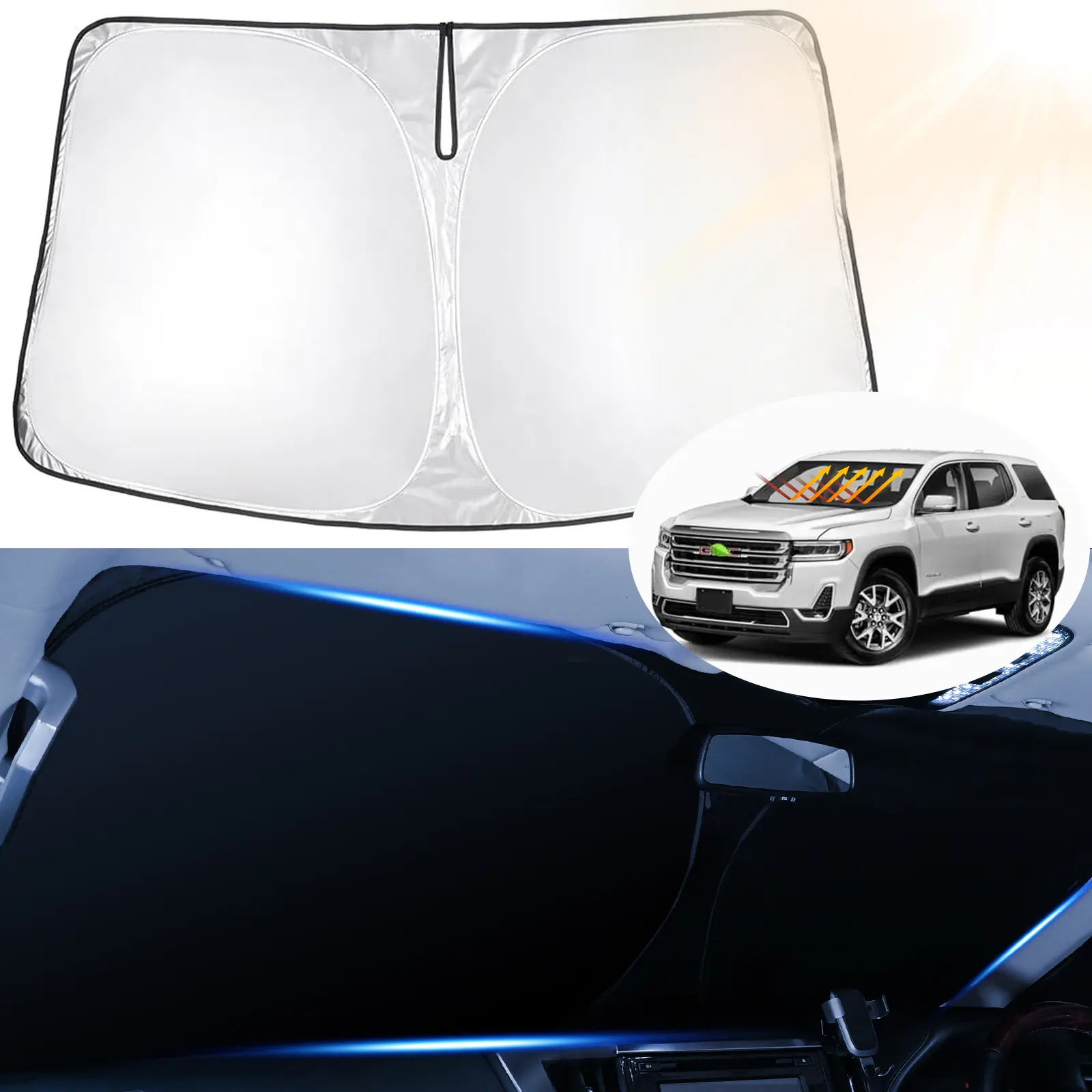 Canvcle Front Windscreen Sun Shade Cover for 2017-2023 GMC Acadia SUV, 240T 5-Layer Reflective Heat Shield, UV-Blocking Portable Silver Car Cooler Accessory, Foldable Window Protector, Energy-Efficient, Sun Shade Portable
