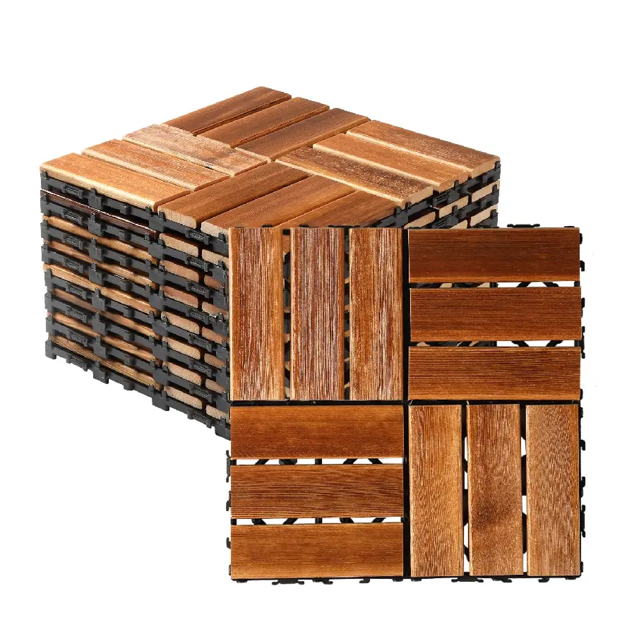 27PCS Wood Interlocking Deck Tiles 11.8 x 11.8 Inch Waterproof Outdoor Flooring, Snap Together Pine Patio Floor Tiles for Balcony Porch Backyard Poolside Garden Deck Indoor Kitchen Home DIY