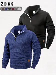 Men's 2-piece half zip-up fleece jacket with stand collar - long-sleeve casual pullover with ribbed cuffs, solid color (burgundy black), machine washable, suitable for everyday wear and hiking trips Menswear Coats