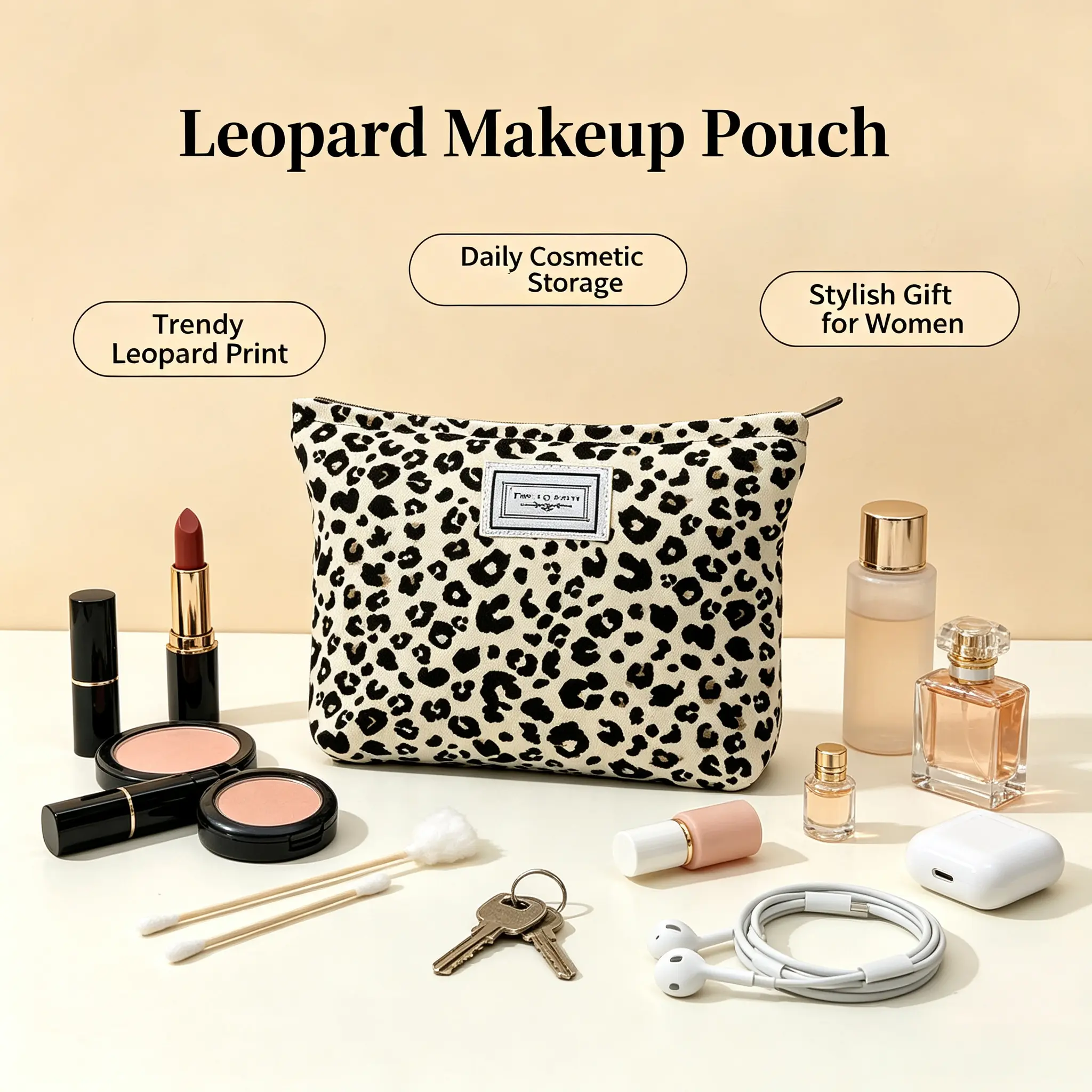 Women's Elegant Cute Leopard Print Polyester Makeup Bag - Embroidering Detail, Built-In Organizer, Portable Zippered Cosmetic Pouch, Stylish Gift for Daily Use & Travel, Stylish Gift For Women