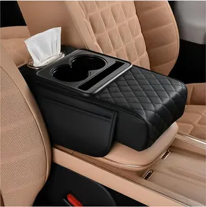 Car Center Console Armrest Pillow, Memory Foam Leather 4 in 1 Vehicle Arm Rest Cover with Tissue Box 2 Side Storage Bag Cup & Phone Holder, Auto Armrest Cushion, Universal Fit (Black)