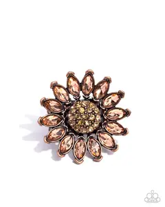 Sunflower Setting - Copper Frame with Peach Marquise-cut Rhinestones with Topaz Rhinestones Centered Floral Stretchy Ring