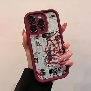 Wine Red High Bamboo Spiderweb Design TPU Case for iPhone 17 Pro Max 16 16e 15 14 Plus 13 12 Mini 11 Air X XS Straight Edge Drop-Resistant Rugged Durable Cover Shell Valentine's Day Gift 2D printing