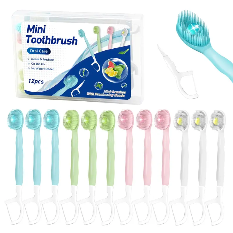 Box of 12 Disposable Mini Toothbrushes, On The Go Toothbrush Disposable, with Pre-pasted Toothpaste, Tongue Scraper, and Toothpick, All-in-One Oral Care Toothbrush Set for Portable Teeth Cleaning, Fresh Breath at Work or While Traveling, No Water Needed