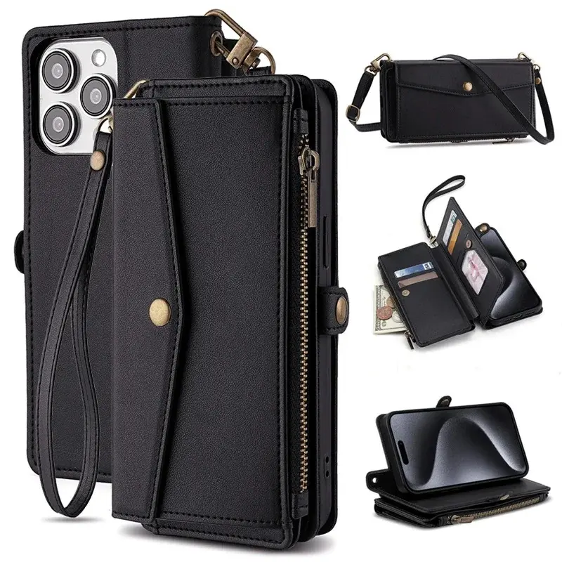 Leather Wallet Flip Stand Smartphone Case with Crossbody Bag - Shockproof Protection, Handheld Holder, Cash/Card Storage for iPhone 6,6s,7 Plus,8,SE 2020,SE3 2022,X,XS,XR,11,12,13,14 Pro,15 Pro Max Mobile Devices Accessories