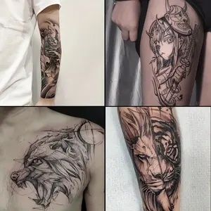 6 Large Herbal Tattoo Stickers, Including Carp, Geisha, Wolf, Lion, and Tiger Elements, Plus 2 Random Designs, Last 7-15 Days, Waterproof and Anti-Friction, Realistic Effect, Suitable for Those Who Don't Want Tattoo Pain