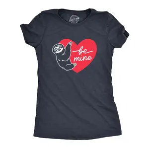 Womens Be Mine Sloth T Shirt Cute Valetines Day Heart Graphic Tee for Ladies Funny Womens T Shirts Cute Vintage Fashion Casual Ladies T-Shirt Gift Love Tops for Women Funny Animal Top Women's Novelty Tees Navy
