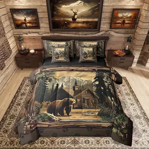 Feelyou 7-Piece Rustic Cabin Microfiber Decorative Bedding Set - Hunting Wild Bear Comforter, Sheets, Country Farmhouse Lodge Bed Bag for Adults (Woodland Mountain Pine Design)