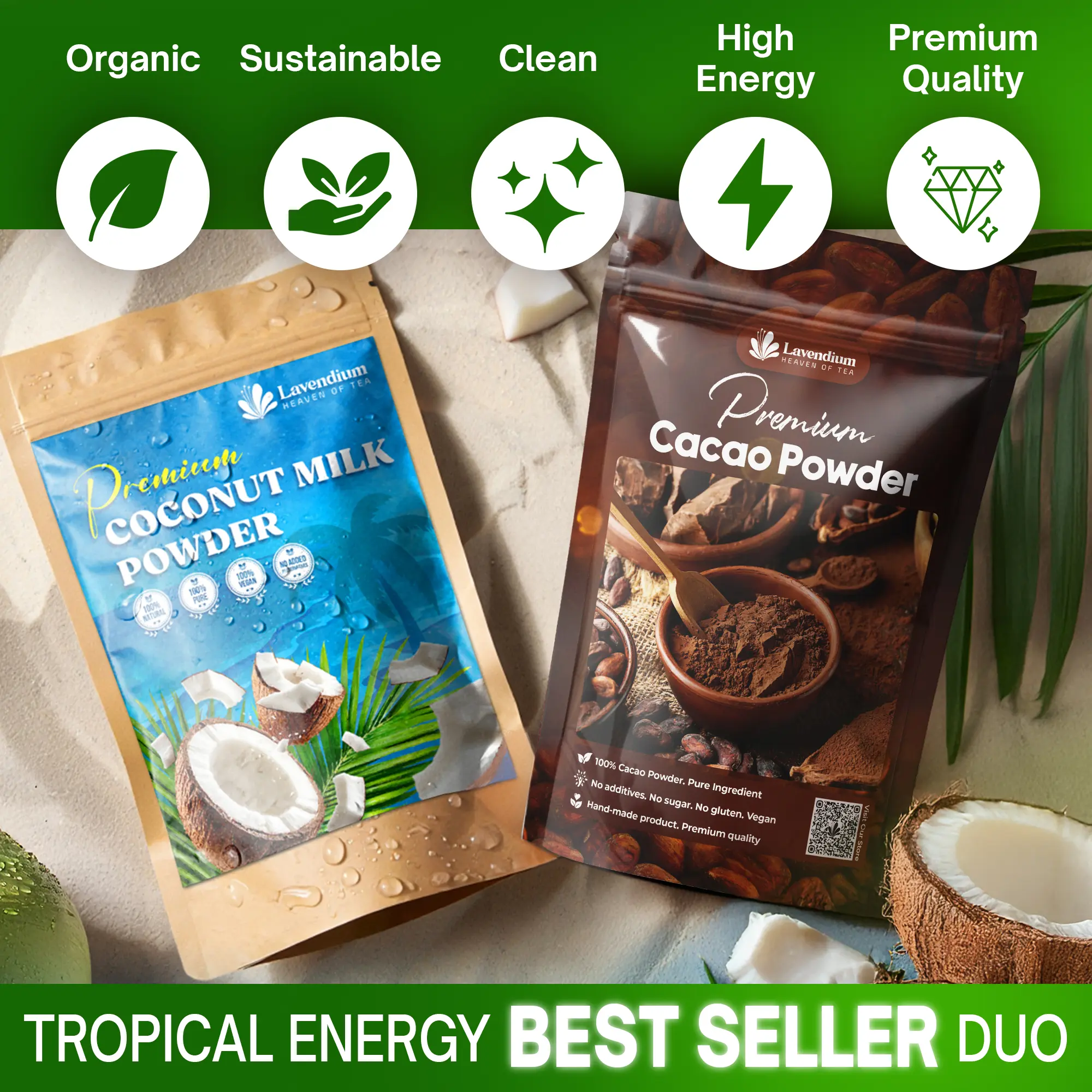 【FreshDrinkUS】 Tropical Energy Duo, Pure Cacao Powder 25oz (1.56 lbs), Organic Coconut Powder 20oz (1.25 lbs), 100% Natural and Pure, Unsweetened, Vegan, Non-GMO, Gluten-Free, Perfect for Smoothies, Coffee, and Daily Energy Support