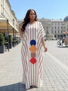 Summer Fashion Loose Fit Plus Size Casual Womenswear Women's Striped Geometric Pattern V-Neck Short Sleeve Dress, Elegant Chic Party Beach Vacation