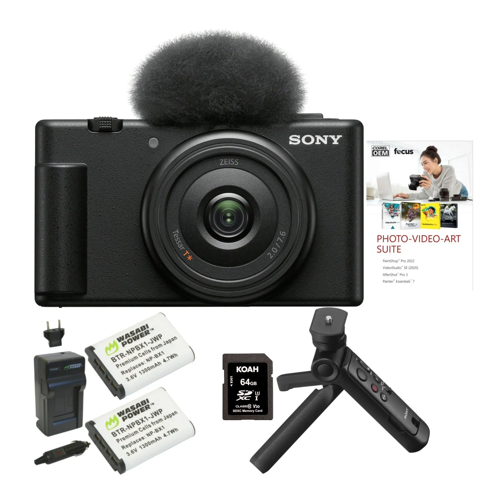Sony ZV-1F Vlog Camera with 20mm Lens, 1-Inch Sensor, Rechargeable Battery Charger, Face Bright AE & Soft Skin Effect (Black) - Vlogger Accessory Kit for Content Creators