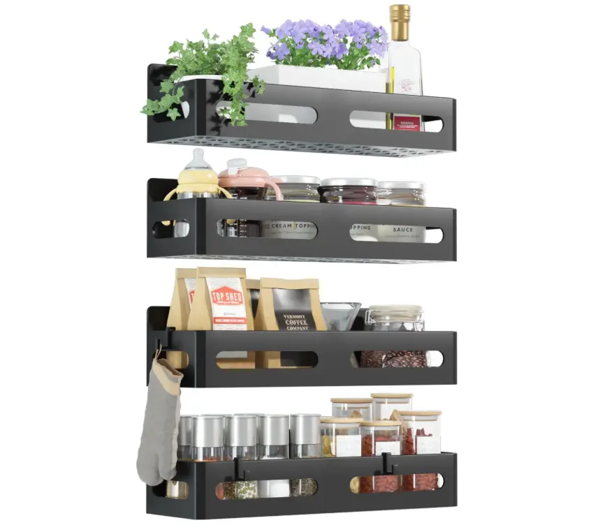 Sevenblue 4 Pack Strong Magnetic Spice Rack for Refrigerator, Multipurpose Magnetic Shelf for Fridge with 4 Hooks for Kitchen and Bathroom Organization, Black