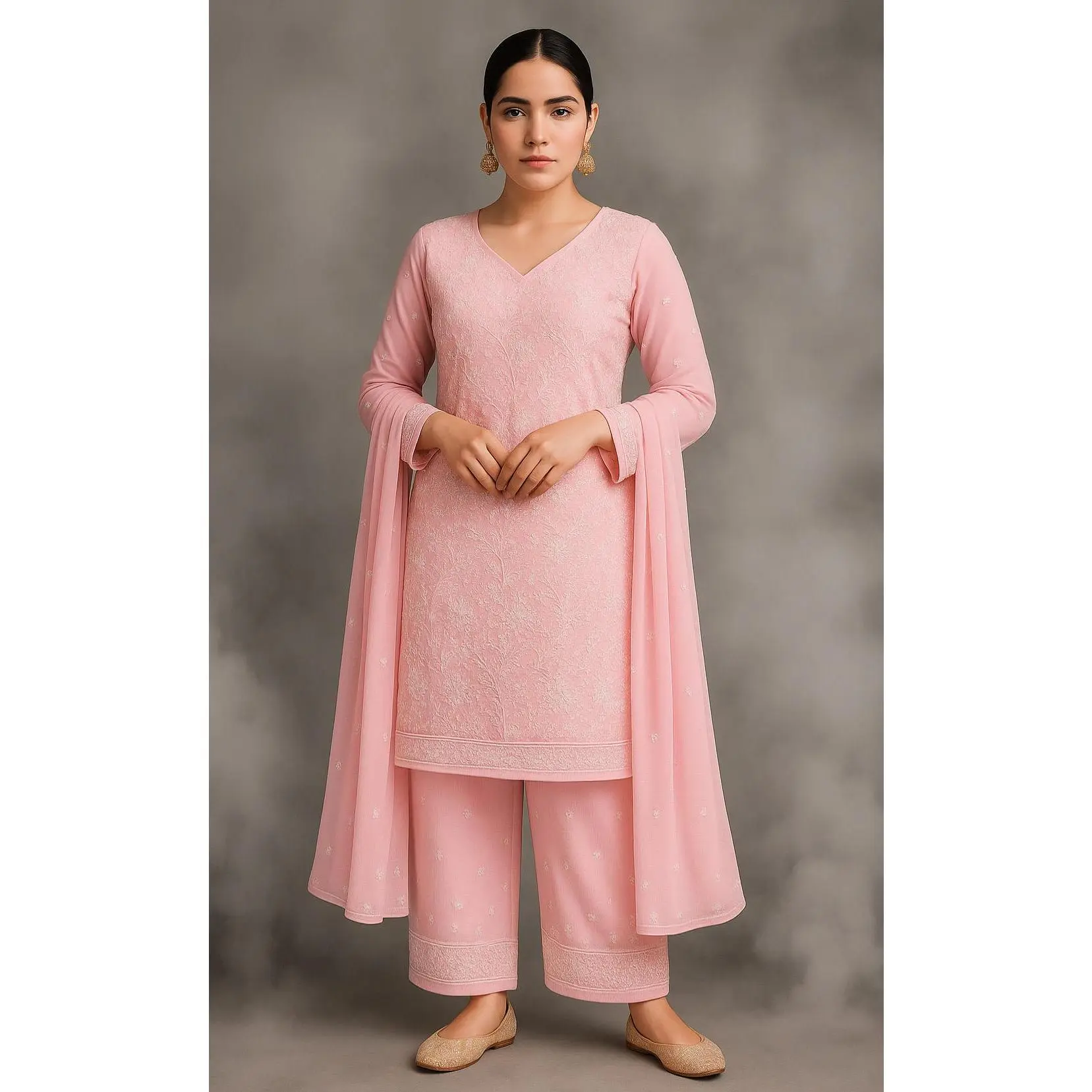 Tridaal Women’s Embroidered Kurti Palazzo Set – Lily Lavender & Baby Pink