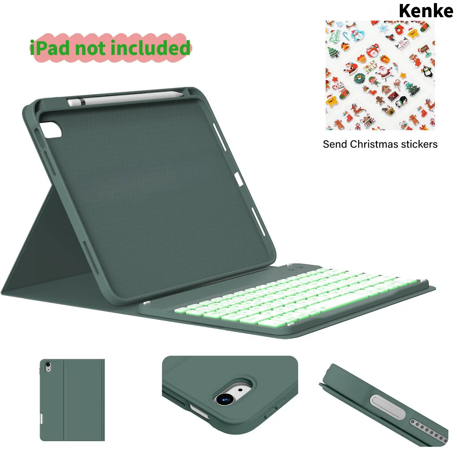 Kenke Detachable Wireless Bluetooth Tablet Keyboard Case for 10/11/13-in iPad (2024/2025) - PU Protection Cover with Pencil Holder, Christmas Stickers, Auto Wake/Sleep, Cute Dark Night Green Accessories for Friends, Family [TikTokShopHolidayHaul]