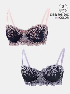 Women's Solid Color Lace Bra, Breathable Comfortable Wireless Push Up Bra, Soft Lingerie for Daily Wear, Breathable Comfy Bra