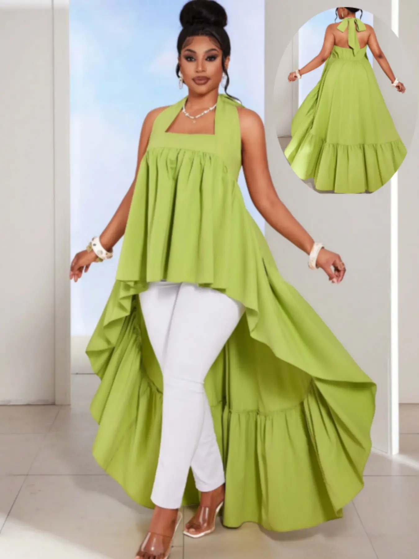 Plus Size Women's Solid Color Pleated Tie Neck Long Blouse - Casual Wear Long Length Top, Camping Essentials Sleeveless Option