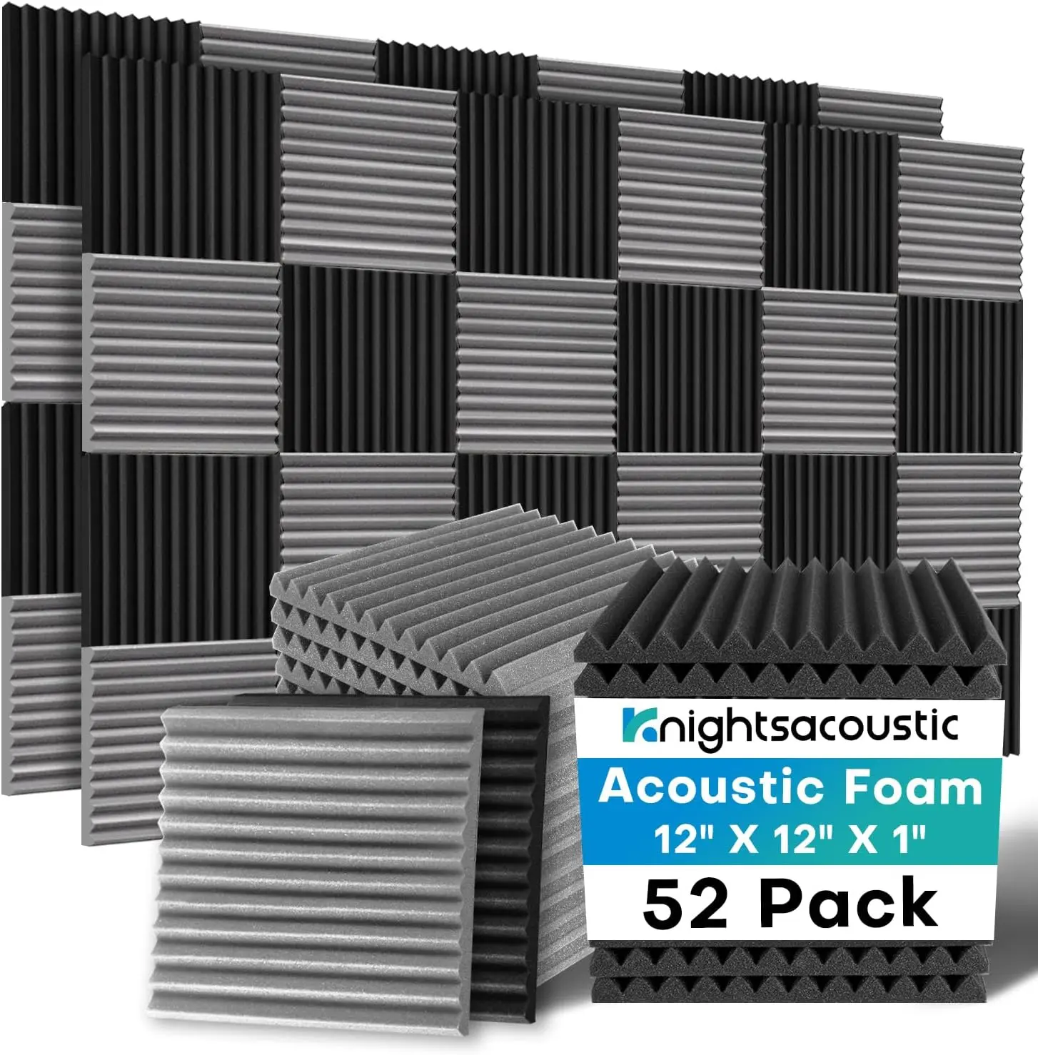 Sound Proof Foam Panels For Walls 52 Packs Noise Reduction Foam Panels 1" x 12" x 12" 12 Grooves. Black And Grey Acoustic Panels Foam Panels for room decoration, ideal for creators, streamers, and gamers. No adhesive