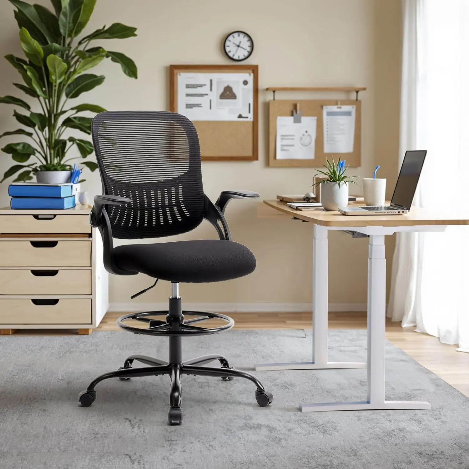 Tall Black Drafting Desk Chair - Ergonomic High Office Stool with Adjustable Height, Flip-Up Armrests, Footrest & Lumbar Support, Rolling Swivel Computer Chair for Studio or Counter