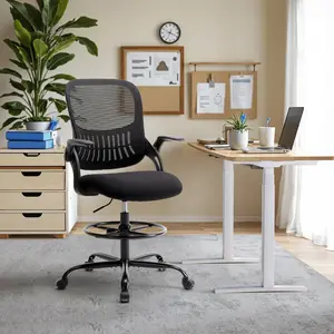 Tall Black Drafting Desk Chair - Ergonomic High Office Stool with Adjustable Height, Flip-Up Armrests, Footrest & Lumbar Support, Rolling Swivel Computer Chair for Studio or Counter