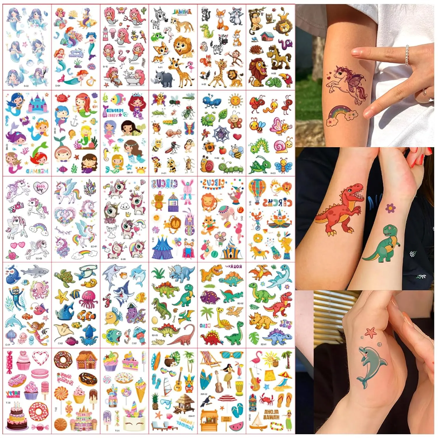 Tattoos for Kids, 30 Sheet 400+ Mixed Styles Cartoon Temporary Tattoos Stickers Set for Girls and Boys,Dinosaur Mermaid Animals Tattoos for Kids Birthday Party Supplies Gifts 572 cohesive tattoos