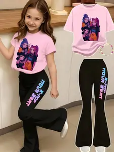 Girls' Kpop Print 2-Piece Set, Casual Sporty Short Sleeve Top & Bell Bottom Pants, Comfortable Elastic Waist, Spring Summer