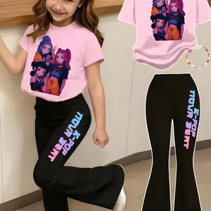 Girls' Kpop Print 2-Piece Set, Casual Sporty Short Sleeve Top & Bell Bottom Pants, Comfortable Elastic Waist, Spring Summer