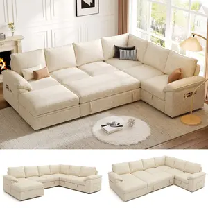 【4 Packages】108 Inch Sectional Sleeper Sofa with Pull Out Bed, U Shaped 7 Seat Modular Sectional Sofa with Storage, Sectional Couches for Living Room, Cloud Modular Couch, Removable Sofa Cover