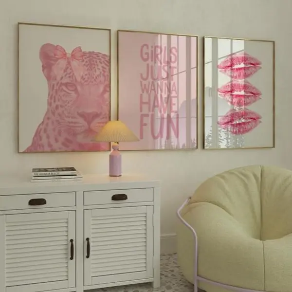 Pink Leopard Girls Just Wanna Have Fun Wall Art Set of 3 Preppy Cheetah Lips Kiss Gallery Posters, Girly Y2K Fashion Poster Dorm Room Decor, Trendy Stylish