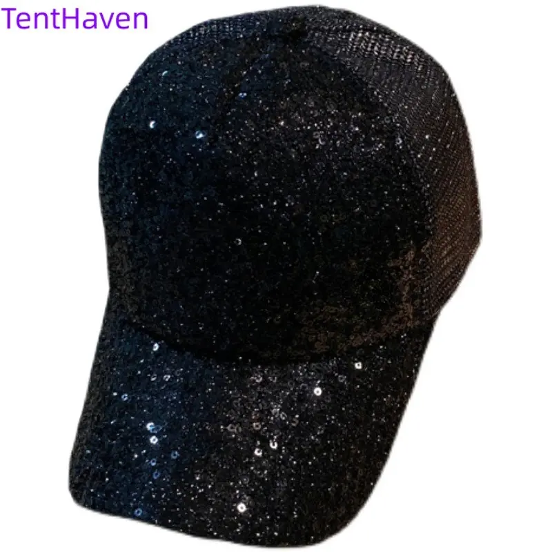 Women's Sequin Baseball Cap, Trendy Korean Style Duckbill Hat with a Breathable Mesh Back for Summer Sun Protection, Caps With Designs, Flat Bill Cap