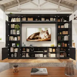 112" TV Wall Unit with LED Lights, Modern TV Stand with Bookshelves & Cabinets, Wood Entertainment Center for Living Room, Black/White
