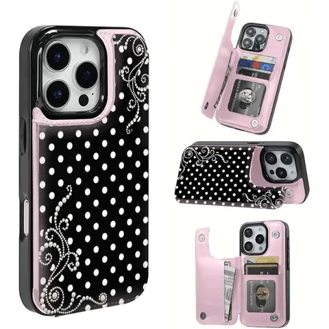 2D image Phone case: Pearl polka dot dream pattern, this practical TPU phone case adopts pattern design, with card slot function, can store bank cards, bus cards and other cards. Suitable for iPhone 16 Pro Max, 16, 15 Pro, 14 PLUS, 13, 12 Pro Max series