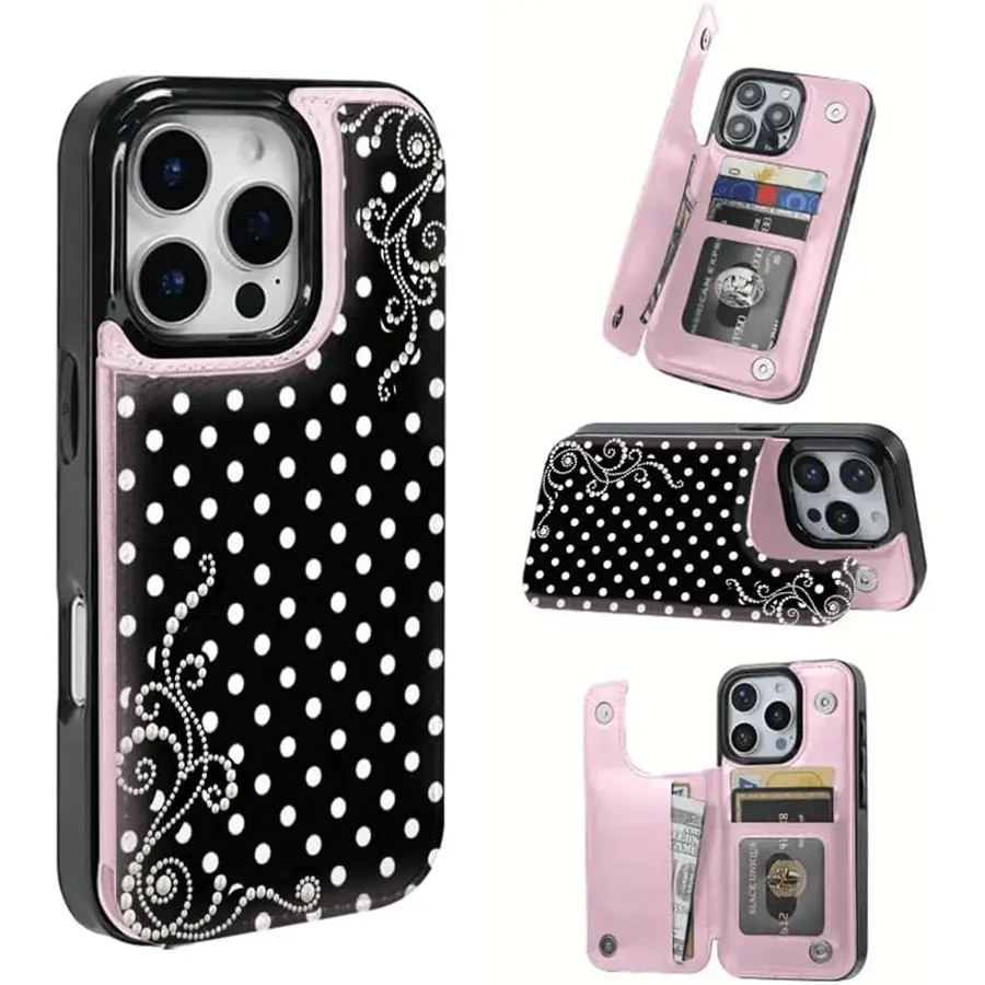 Phone case: Pearl polka dot dream pattern, this practical TPU phone case adopts pattern design, with card slot function, can store bank cards, bus cards and other cards. Suitable for Samsung iPhone 17 Pro Maxseries. Can be us