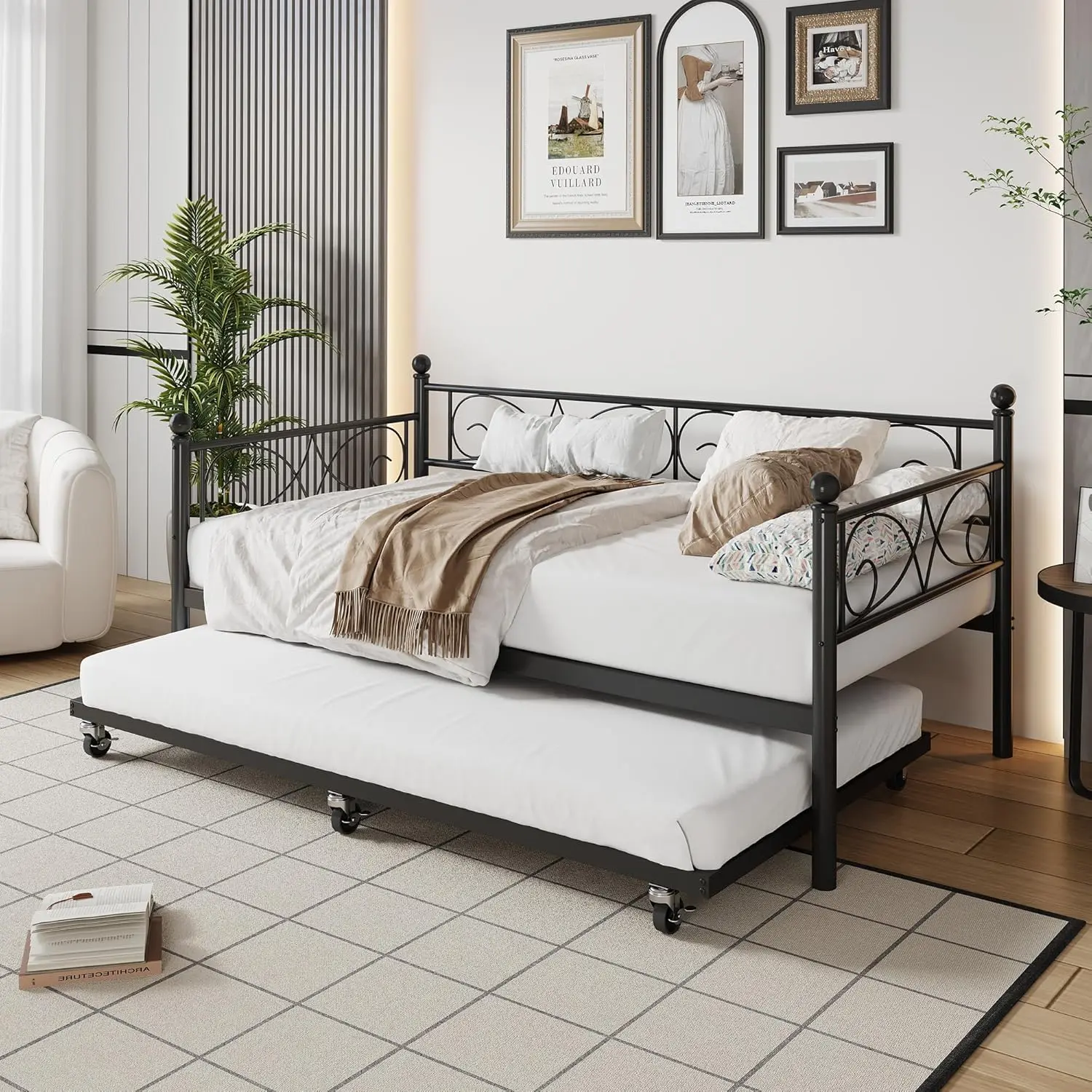Black Twin-Size Floral Motif Metal Daybed Frame with Trundle - Heavy-Duty Steel Slats, U-Shaped Groove Base, Locking Wheels, Small Space Storage Bed, Pull Out Bed, Converts to Sofa or Chaise, Assembly Required Indoor Furniture for Living Room, Guest Room,