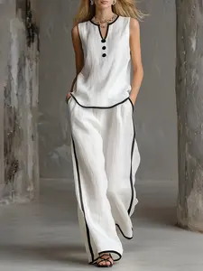 Women's Blended Cotton Linen Two-Piece Set, Womenswear, Sleeveless Colorblock Top and Wide Leg Pants, Comfortable with Trim