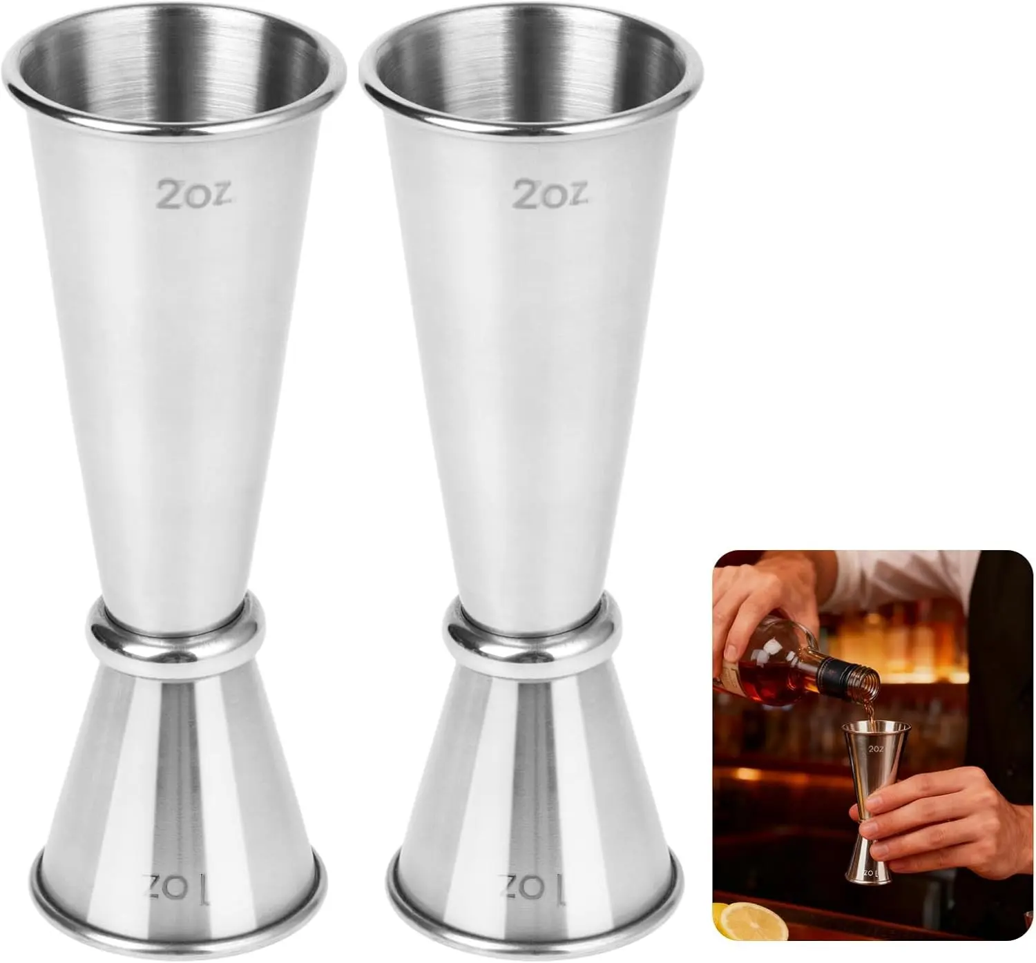 Jigger for Bartending, 2Pcs Stainless Steel Jigger 2 oz 1 oz, Silver Cocktail Measuring Cup, Double Cocktail Jiggers, Professional Shot Drink Measurer for Liquor, Bar jigger Bartender Tool Accessories