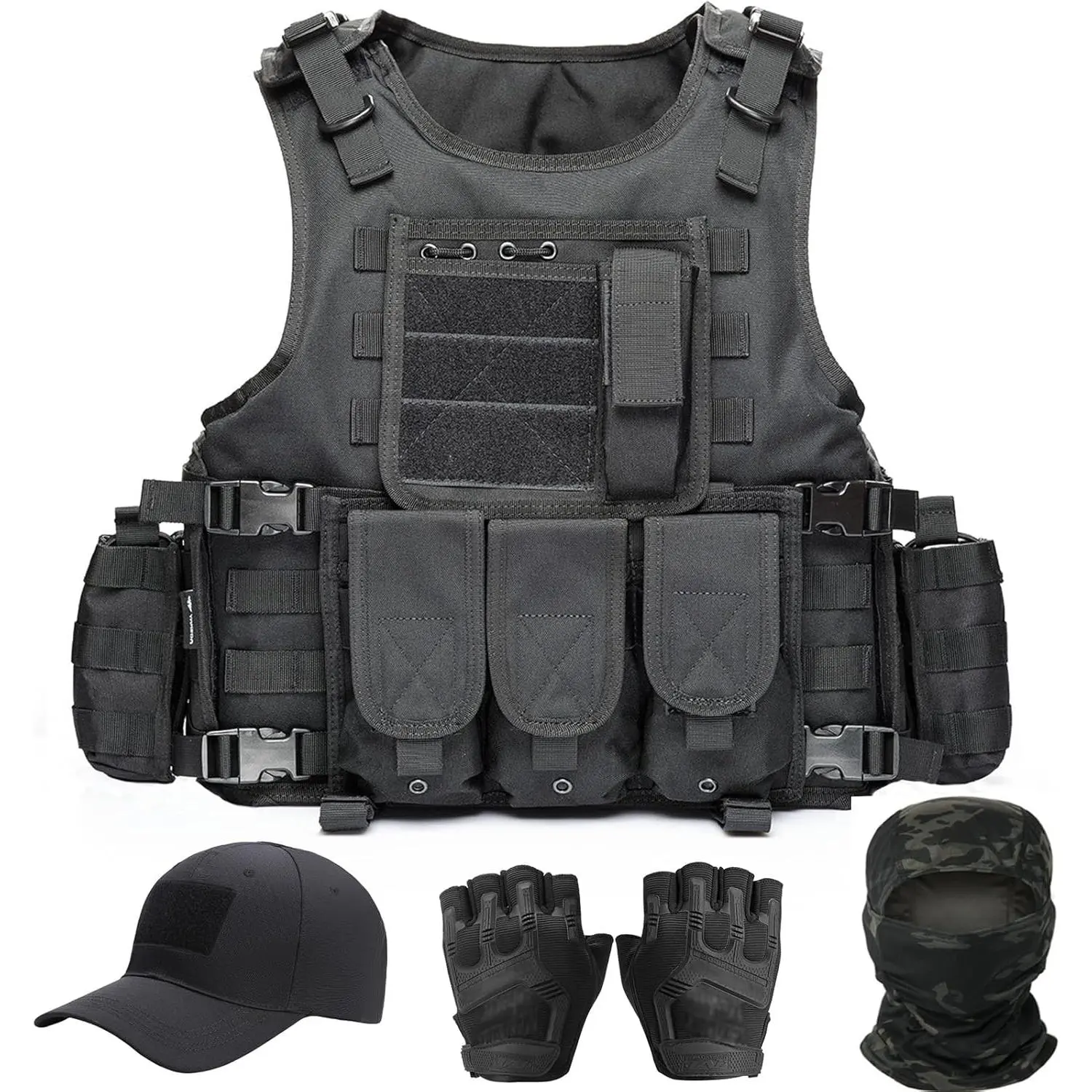 Tactical Vest for Men, Airsoft Vest, Black Molle Vest and Cap Protective Equipment, Tactical Airsoft Gear