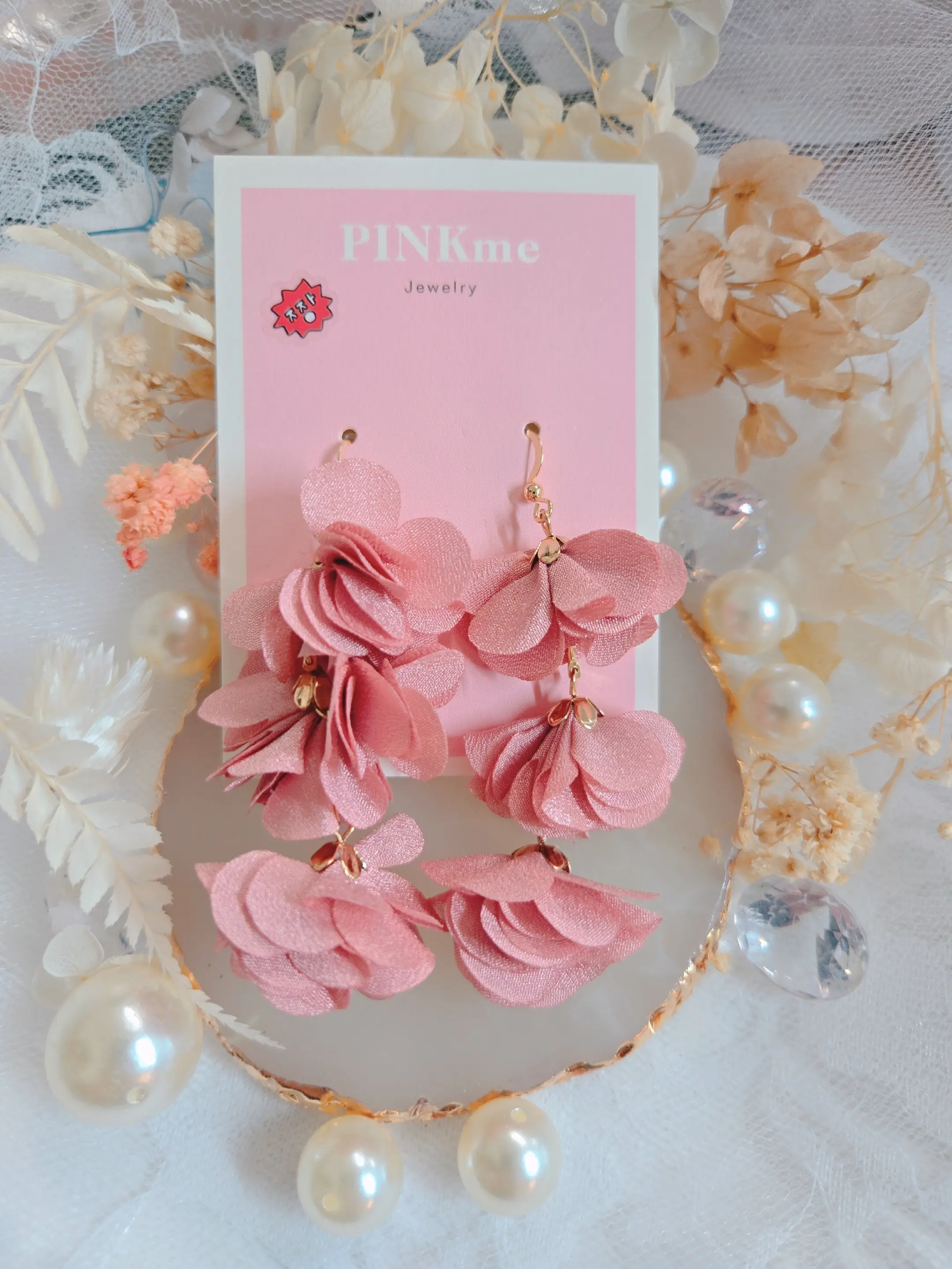 PINKme Dusty Pink 3 Flower Fabric Dangle Earring - Cute and Lovely Style - Lightweight and Comfortable