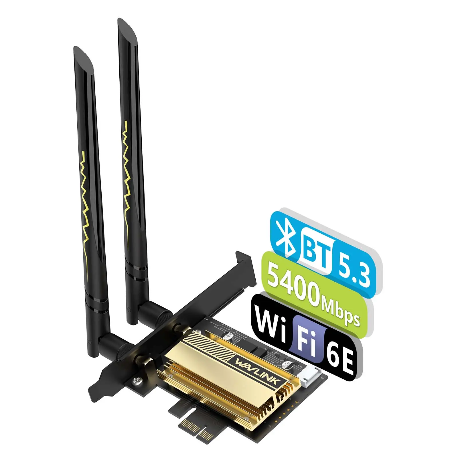 WAVLINK PCI Express WiFi 6E (802.11ax) Network Card with AX210 Chip, Tri-Band AX5400 Wireless Multiplatform Adapter, Wider Coverage, Bluetooth 5.3, MU-MIMO, WPA3, OFDMA, Low-Profile Bracket, Heat Sink for Gaming, VR (Windows 10/11)