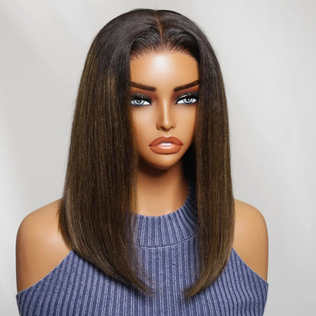 UNICE Human Hair Wig, Yaki Straight Bob with Balayage Brown Highlights, Glueless 7x5 Pre-Cut HD Lace Closure, Pre-Plucked & Bleached Knots for Beginners, 7X5 Pre-Cut Pre-Bleach Pre-Plucked Human Hair Lace Closure Wigs