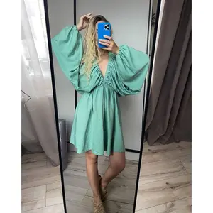 Women's Solid Elegant Polyester Short Flared Dress Clothes - V-Neck, Long-Sleeve, Puff-Sleeve, Loose-Fit, Basic Chic, Breathable Fabric, Summer New Arrival for Party & Club Wear